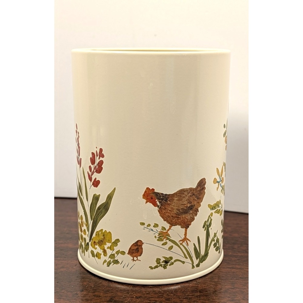 Paula Deen Garden Rooster Metal Tin Utensil Holder Chicken Floral Farmhouse